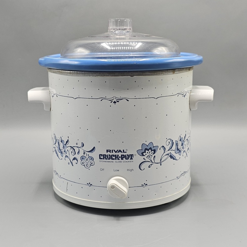 Vintage Rival Crock-Pot Blue Floral Slow Cooker 90s 80s Model 3150 3.5 Qt Tested
